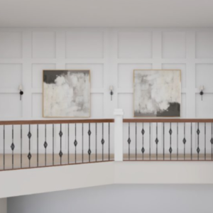 image of 3d Rendering of upstairs grand hallway entryway, railings, with artwork, paneled wall decor and wall sconcesn