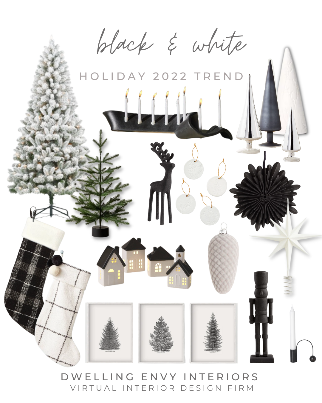 image of Christmas Home Decor items recommended by Dwelling Envy Interiors, black and white evergreen trees, flocked christmas trees, black nutcracker, black and white christmas stockings, modern black menorah