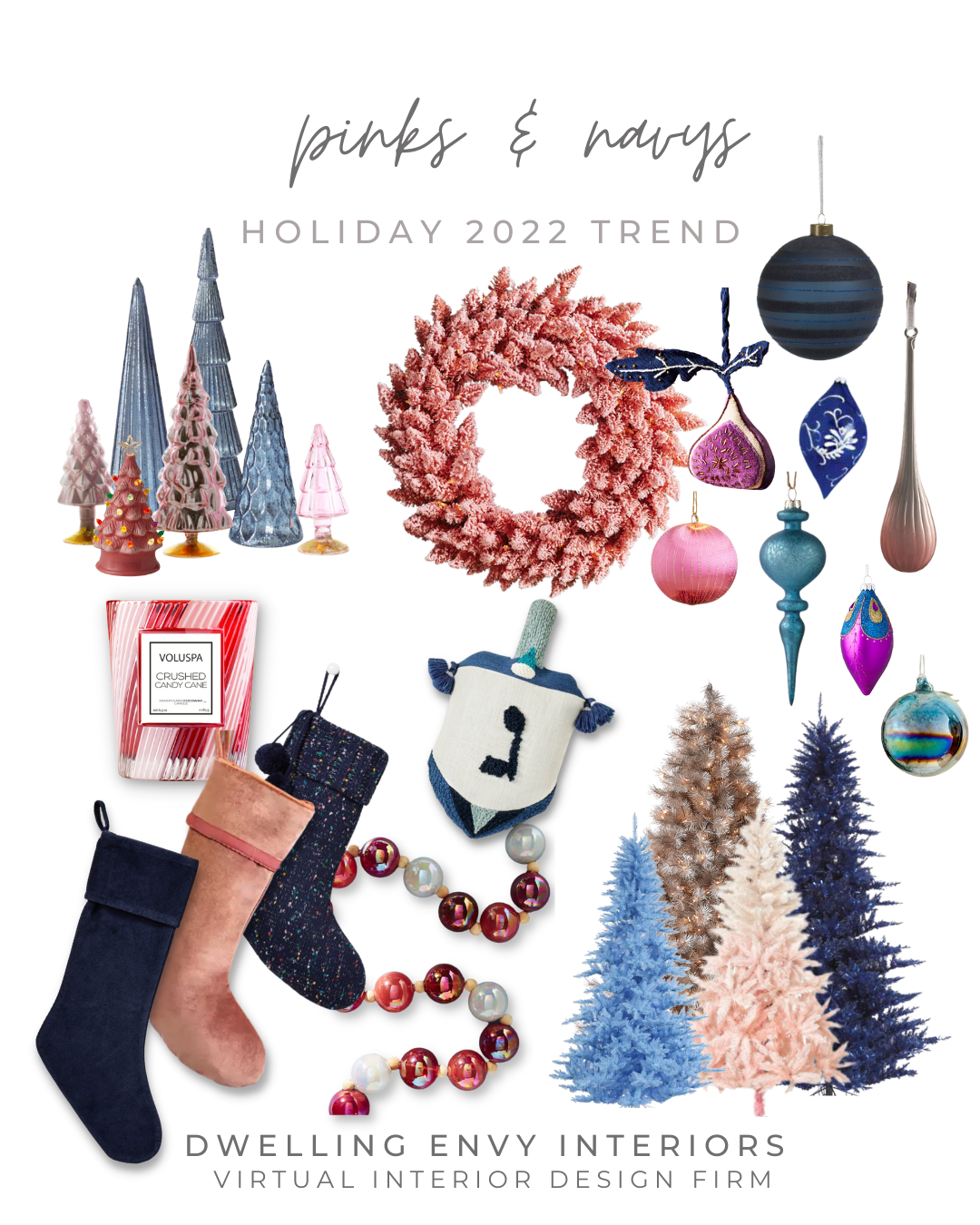 image of HOT PINK AND NAVY BLUE TRENDChristmas Home Decor items recommended by Dwelling Envy Interiors GLASS TABLETOP CHRISTMAS TREES, PINK WREATH, GLASS GARLAND IN HOT PINK, BLUE AND PINK FAUX CHRISTMAS TREES, VELVET NAVY CHRISTMAS STOCKING, PINK AND NAVY KNITTED CHRISTMAS STOCKING
