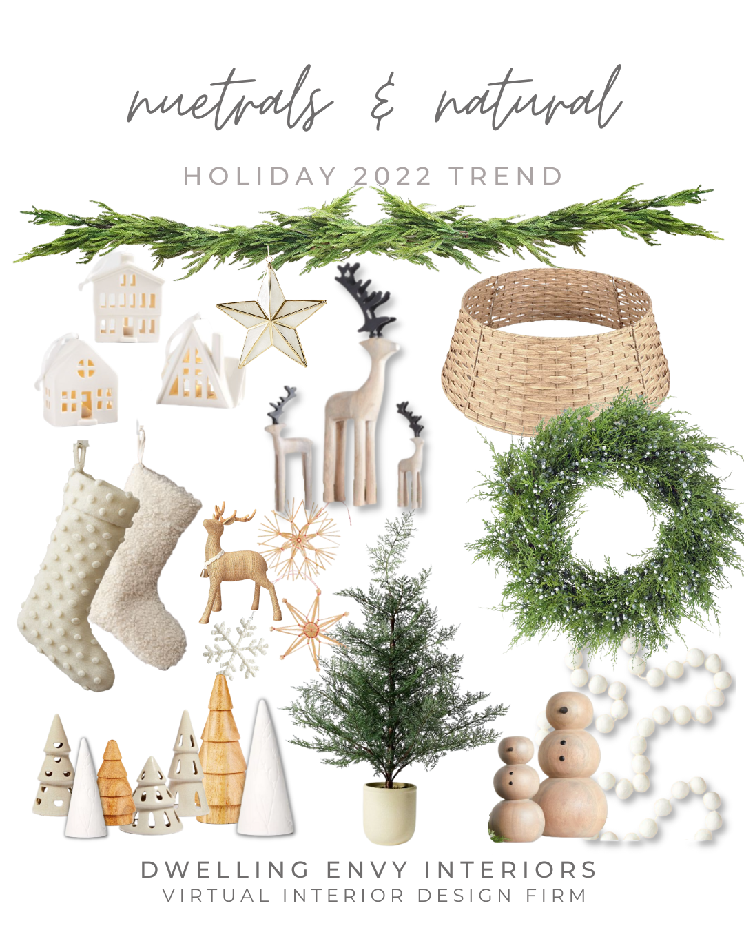 image of Dwelling Envy's Recommendation for Natural and Neutral Holiday Decor including tree collars, knit stockings, Wooden snowmen, mantle decor