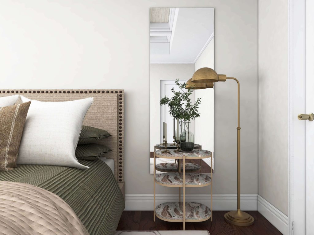 California Casual Bedroom Nightstand and Mirror View
