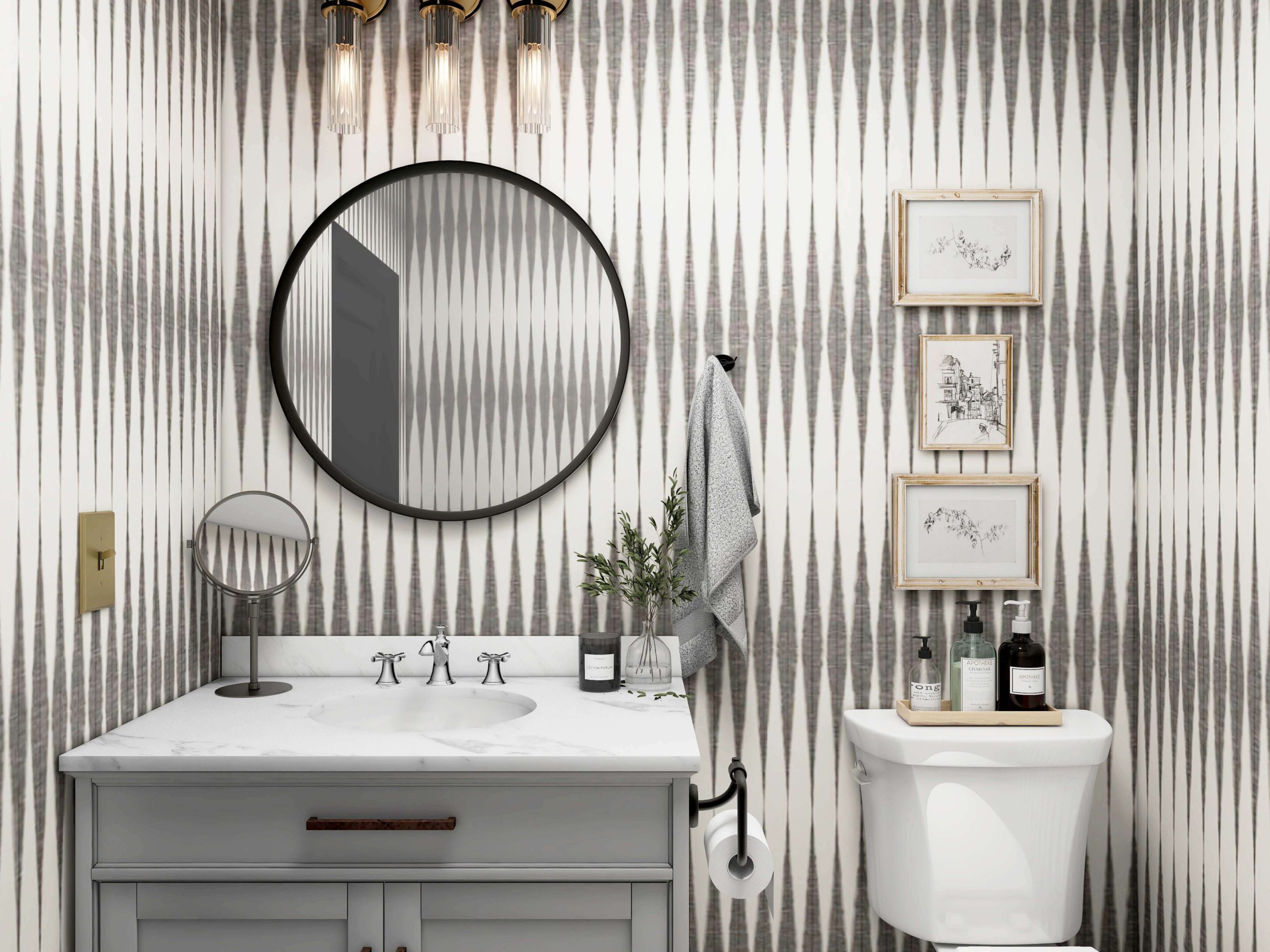 TRANSITIONAL POWDER ROOM REVIVAL VANITY AND TOILET | Dwelling Envy 