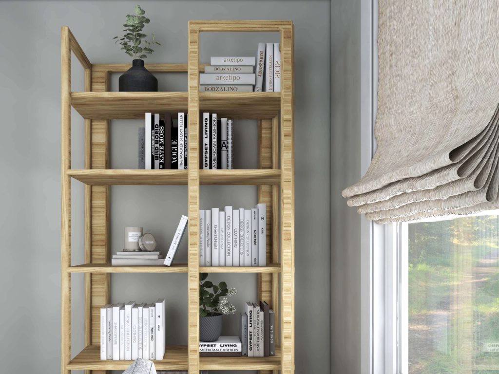 mid-century-modern-sunroom-3d-rendering-design-by-dwelling-envy-interiors bookcase close-up