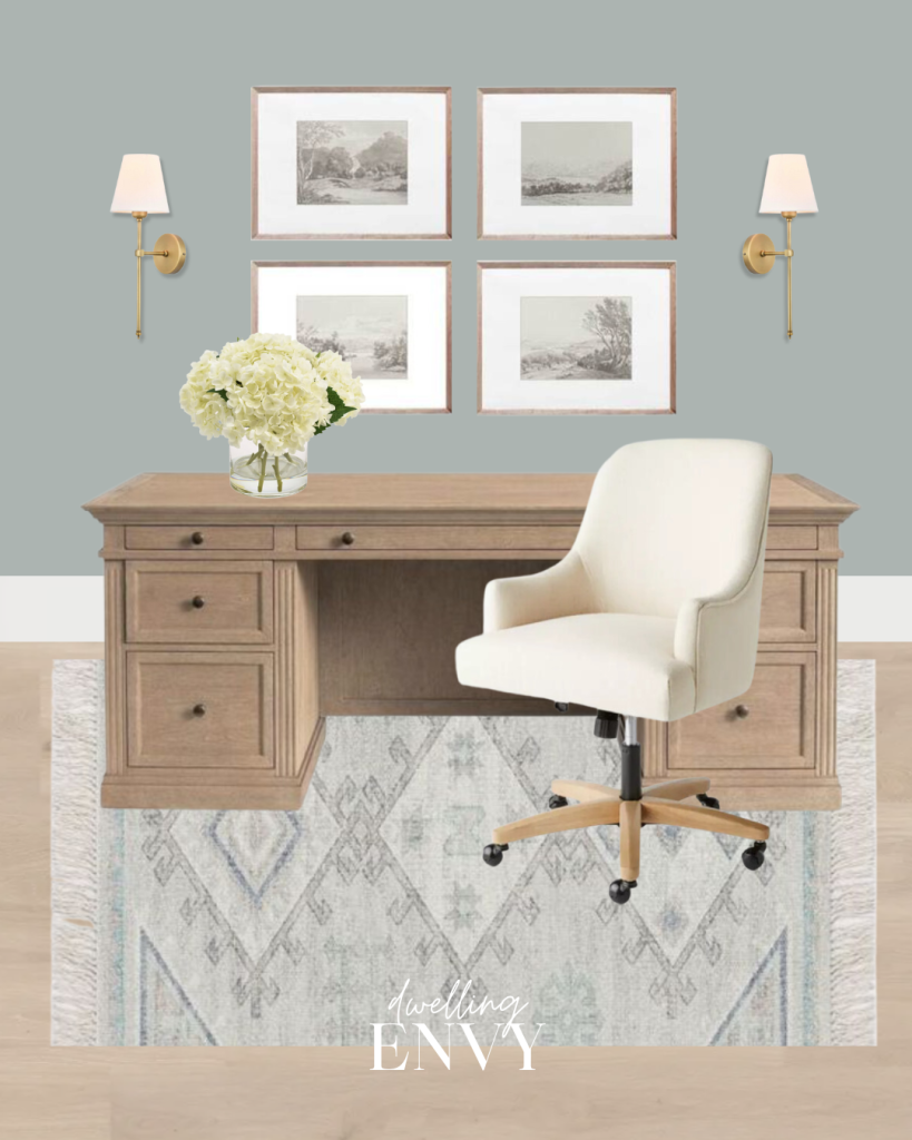 shoppable design board home office with modern traditional California casual style wall sconces and framed artwork light wood desk and white upholstered roller office chair