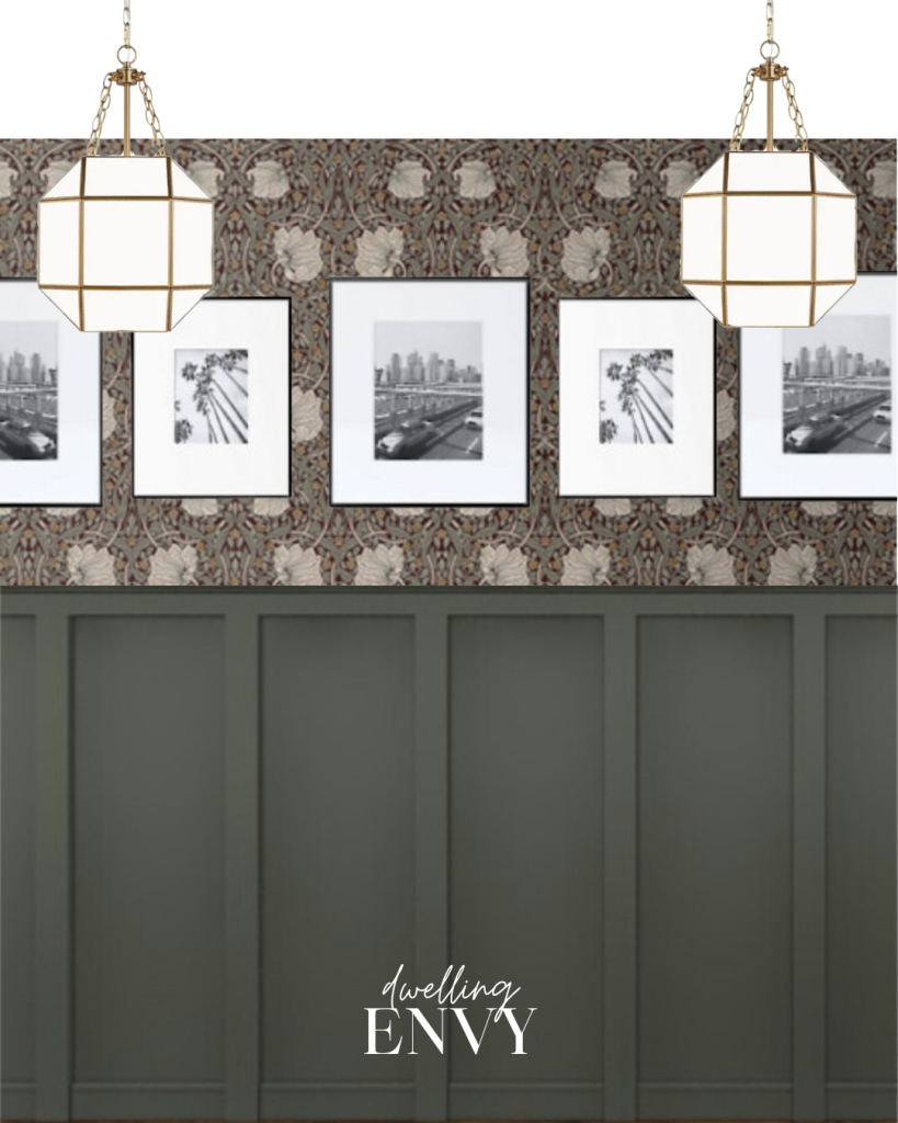 shoppable design board entryway with green batten board and bold floral wallpaper globe pendant lights and framed gallery wall frames