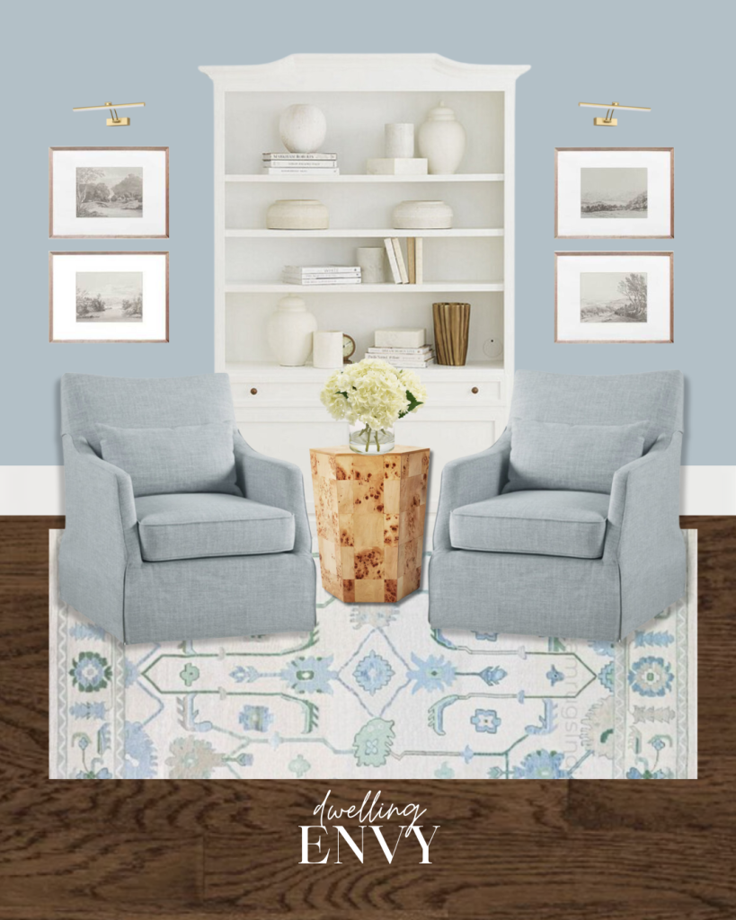 shoppable design board grandmillennial style library sitting room featuring white bookcase with artwork light blue skirted accent chairs and vintage hand knotted accent rug
