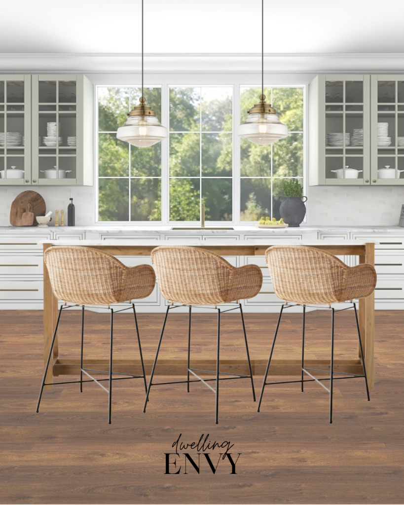 shoppable design board kitchen with wicker counter stools and traditional glass globe pendant lights
