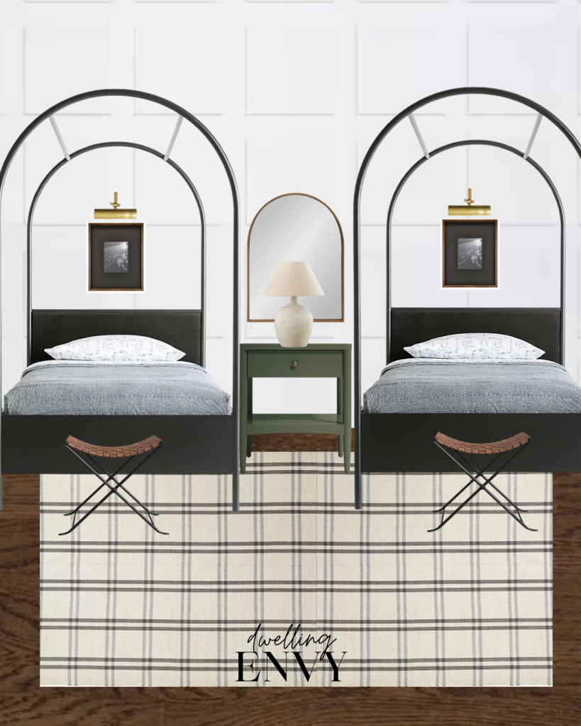 shoppable design board children kids rooms bunk beds with arched canopy green nightstand plaid rug and white square batten board walls