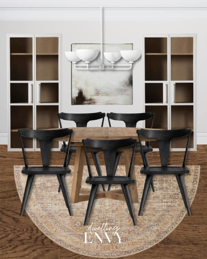 shoppable design board dining room with black wood dining chairs and light wood round table white glass bookcases with oversized abstract artwork and white ceramic chandelier