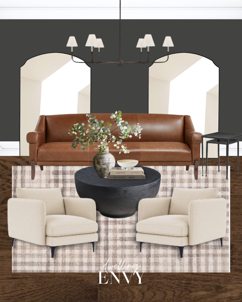 shoppable design board living room leather camel color sofa large arched mirrors plaid accent rug light tan upholstered accent chairs black ceramic round coffee table modern traditional style