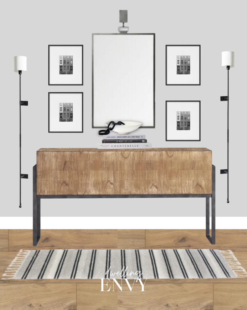 shoppable design board bedroom design industrial modern traditional style warm striped black and white rug large accent mirror with bracket with frames on either side rustic reclaimed wood console table wall lamps flanked on either side