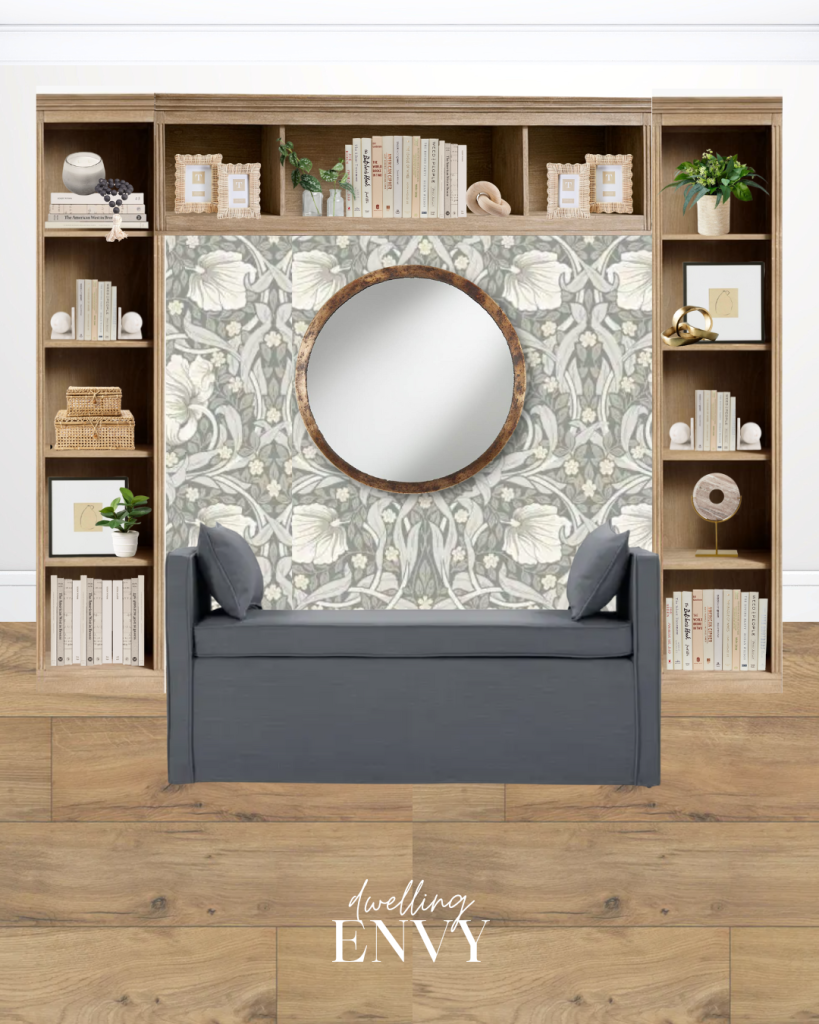 shoppable design concept living room seating area upholstered dark gray bench light warm bookcase floral wallpaper and round circle accent mirror