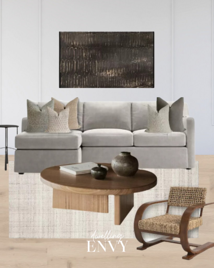 shoppable design board living room modern traditional organic modern living room with grey chaise sectional sofa with oversized abstract brown artwork wicker accent chair