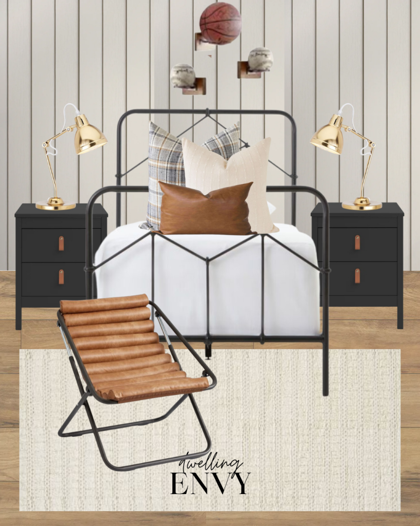 shoppable design board kids room boys bedroom white hand-knotted wool rug beige shiplap black nightstand with leather tabs leather foldable dorm room chair gold lamps wood sports ball holders