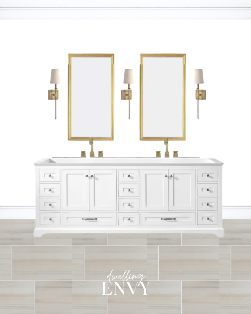 shoppable design board primary bathroom white double vanity with brass oversized vanity mirrors and gold wall sconces with shades warm tile flooring