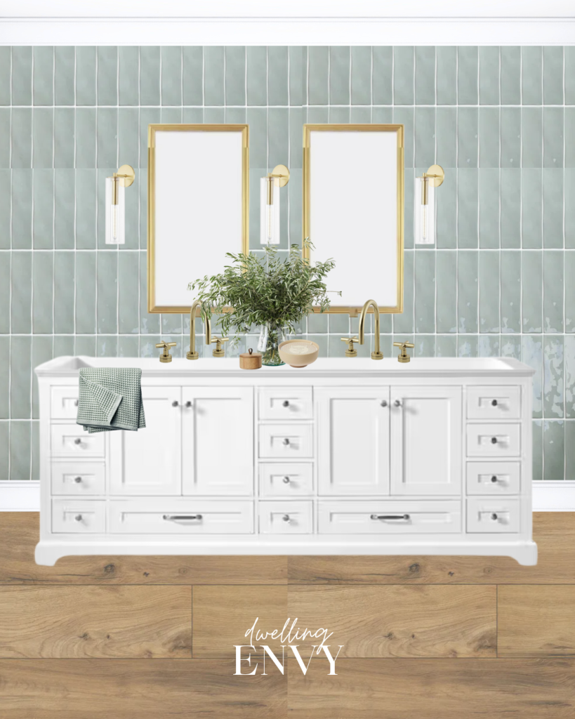 shoppable design board primary bathroom green subway tile backsplash medium wood flooring white double vanity with gold oversized extra long vanity mirrors and ribbed glass sconces