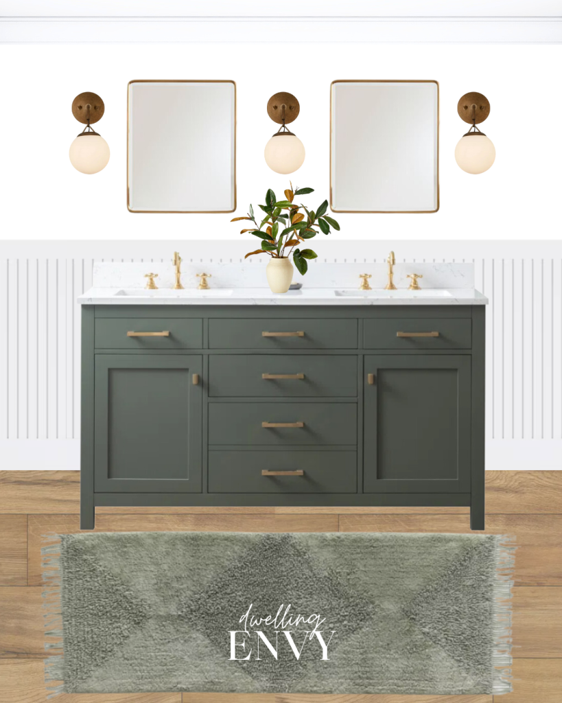 shoppable design board primary bathroom green double vanity vintage inspired globe sconce lights beadboard wall magnolia greenery