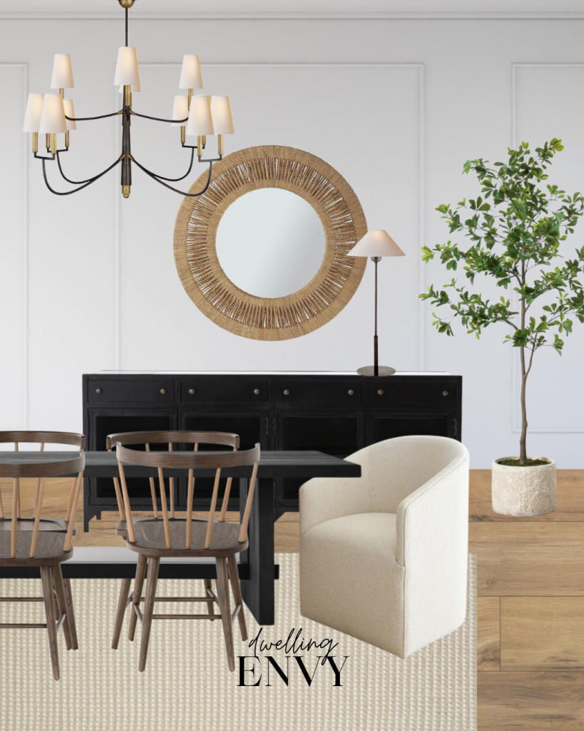 shoppable design board dining room modern traditional with black sideboard brown rectangle table large chandelier with shades white upholstered barrel head chairs and spindle side chairs