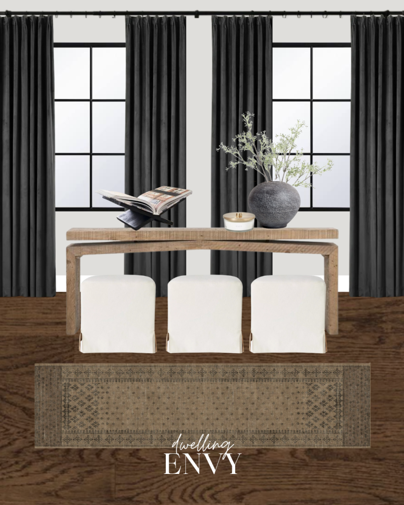 shoppable design board featuring console table with runner dark gray drapery and dark wood floors with skirted ottomans