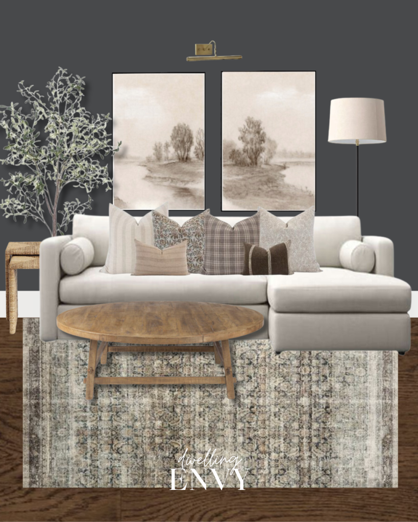 shoppable design board living room space with sectional and oversized artwork loloi rug with dark gray walls and dark wood flooring