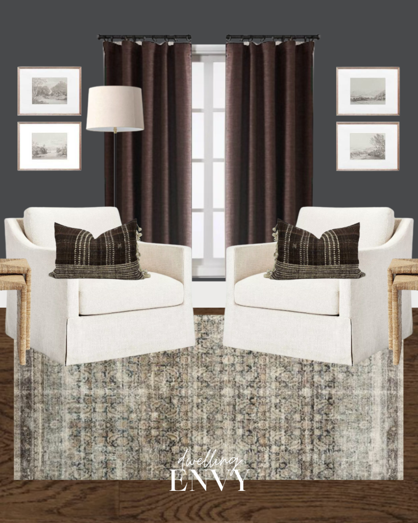 shoppable design board featuring dark walls with artwork prints loloi rug and dark brown linen drapes and skirted accent chairs