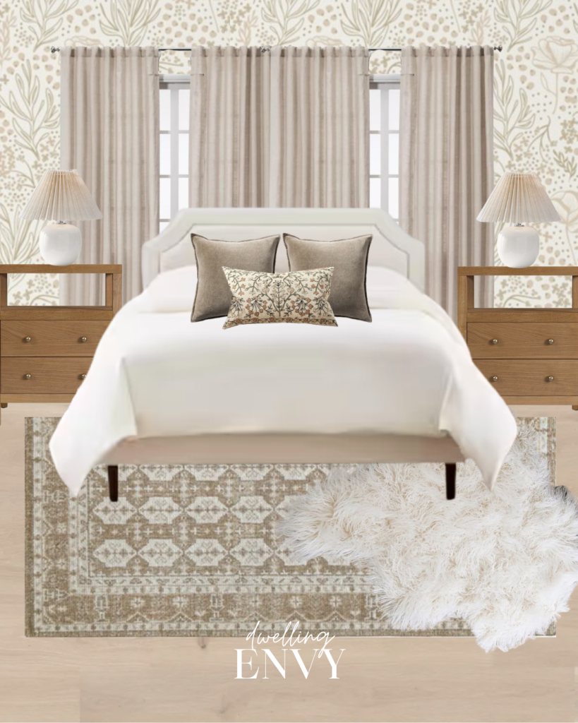 shoppable design board bedroom with light floral wallpaper light wood flooring beige drapery medium wood nightstands white nightstand lamps with pleated shade