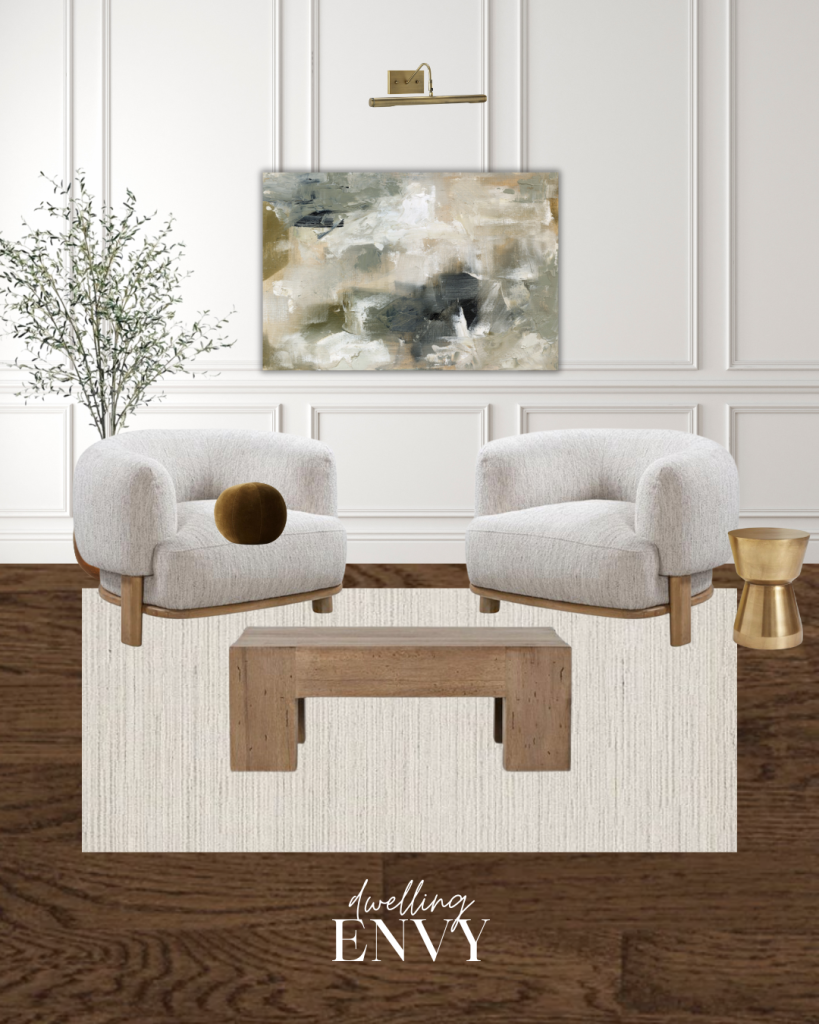 shoppable design board modern organic living room sitting area with modern barrel accent chairs rustic oversized reclaimed wood coffee table oversized abstract artwork with green gold and black colors