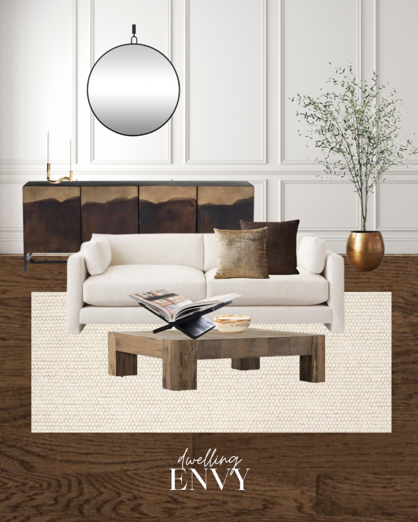 shoppable design board modern organic living room with dark flooring with light hand knotted rug oxidized sideboard round mirror oversized rustic wood square coffee table and white sofa