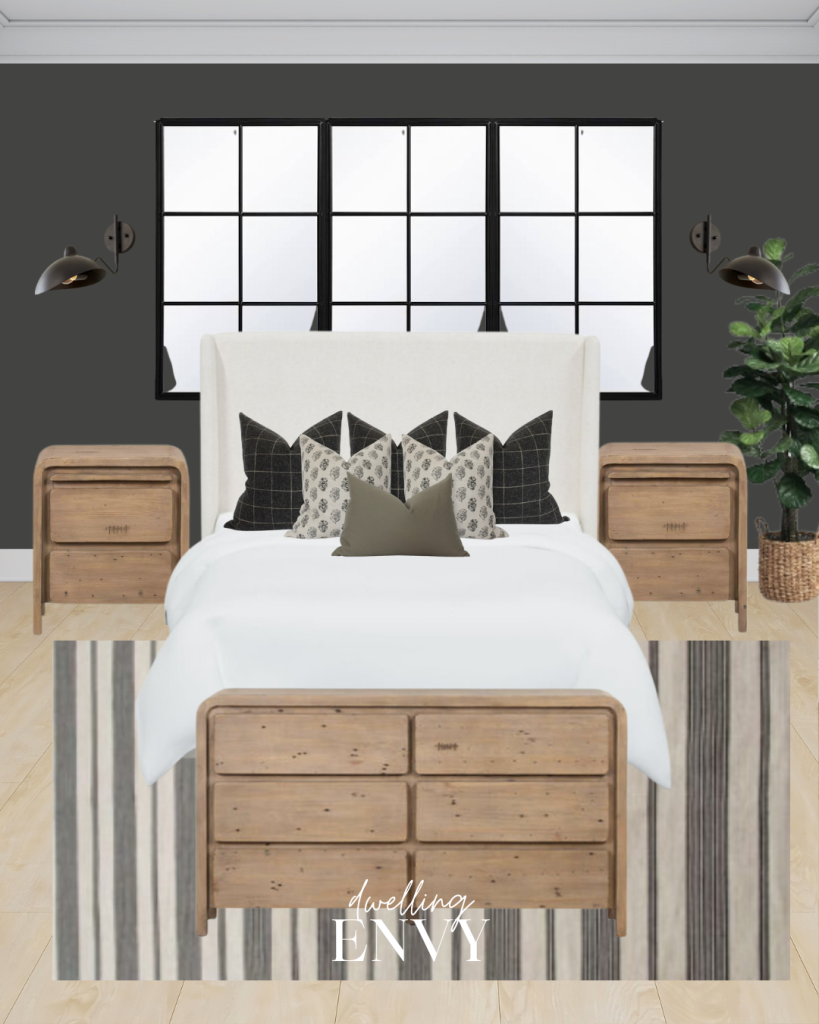 shoppable design board bedroom mid-century modern rustic contemporary bohemian style upholstered white bed with rounded corner reclaim wood dresser and nightstand black wall sconces and stripped accent rug