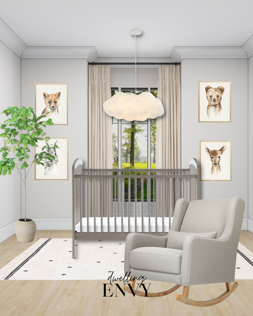 shoppable design board nursery with animal wall art cloud chandelier grey modern rocker and faux tree with white shag rug with black polka dots