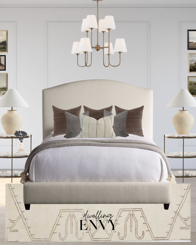 shoppable design board bedroom with traditional chandelier, millwork molding, cream upholstered bed and brown and green tones