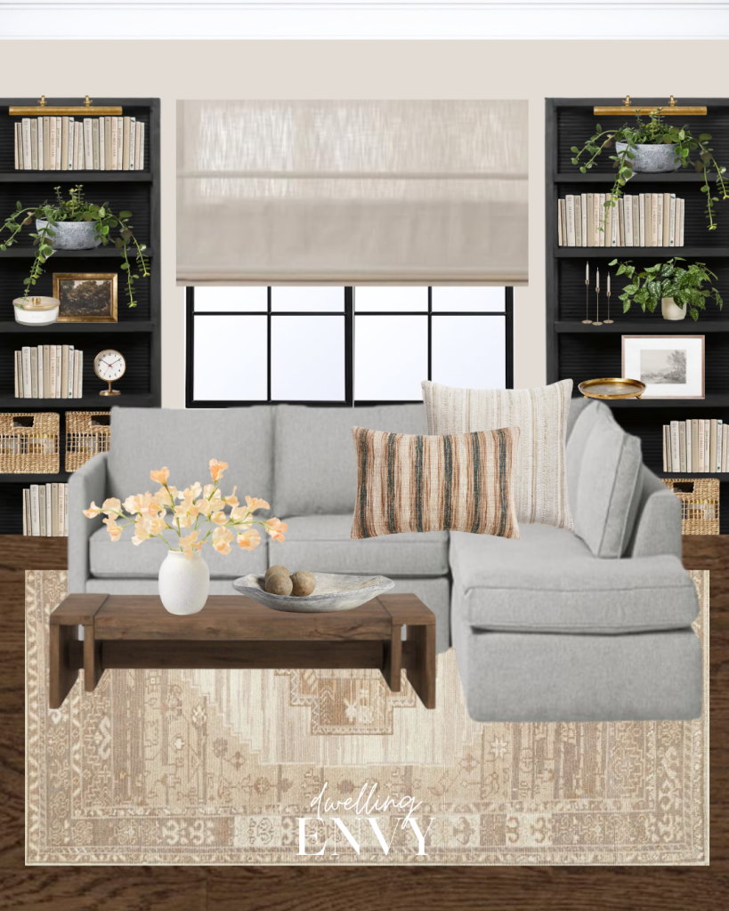shoppable design board library room living room family room with black bookcases chaise with a sectional warm color tones