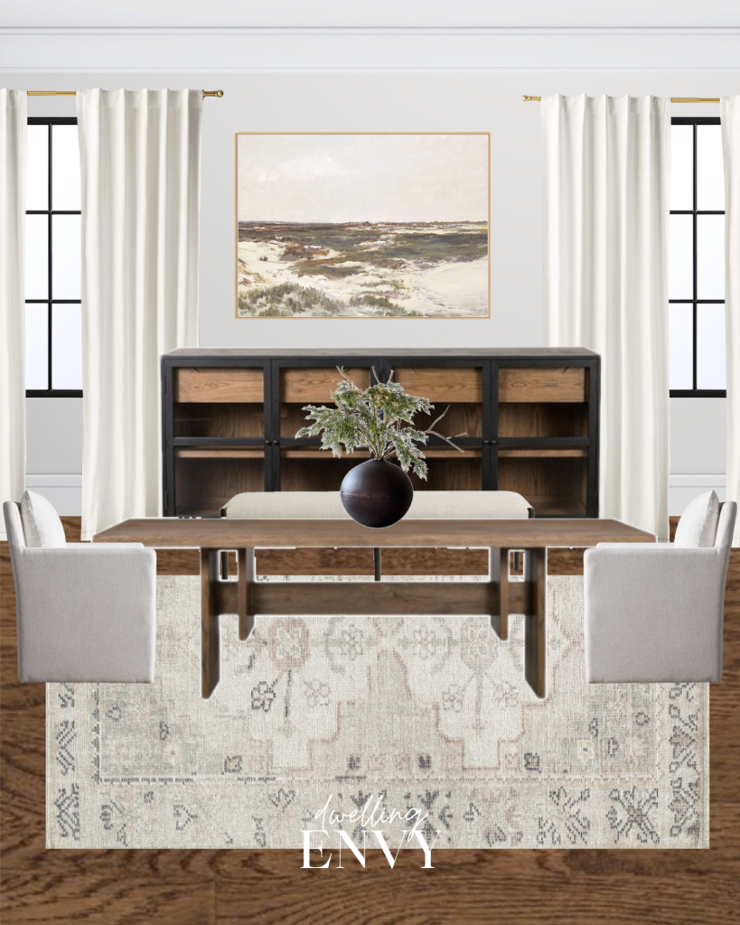 shoppable design board dining room, white drapery , dark floors, black and medium wood sideboard dining room console table, abstract artwork