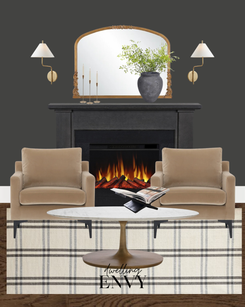 shoppable design board living room accent chair family room seating room area, with dark walls and flooring, plaid rug, tan velvet accent chairs and fireaplace behind with gold mirror and modern sconces