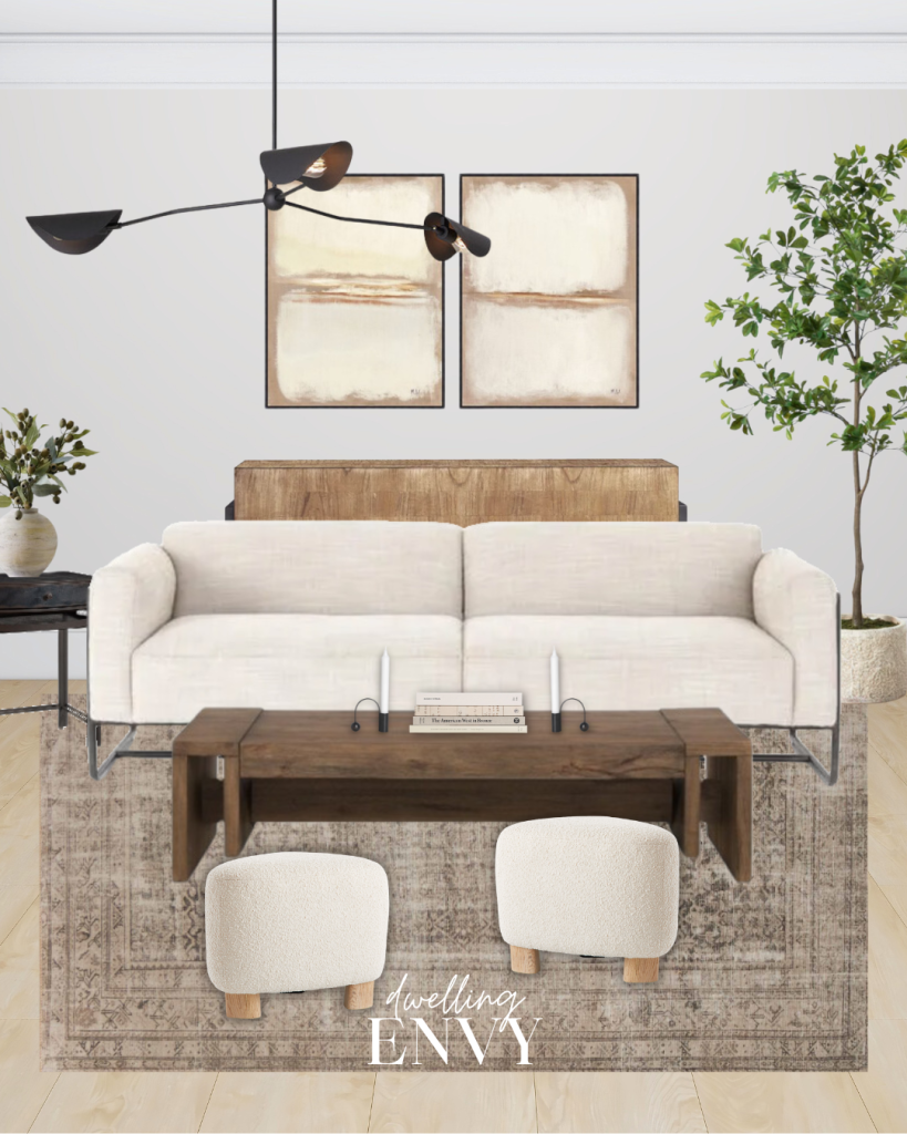 Eclectic Modern Industrial orangic modern living room design board