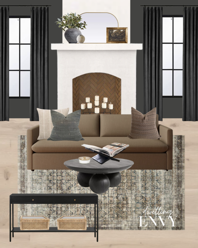 Modern traditional spanish revival style living room design board with fireplace